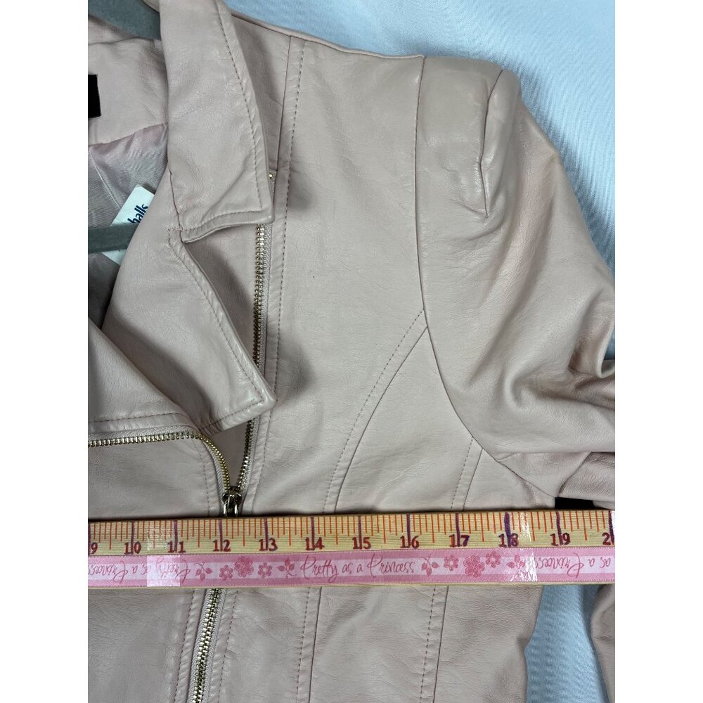 Shinestar Cropped Moto Jacket Faux Leather Beige Blush Zip Shoulder Pads L Y2K - Picture 14 of 16